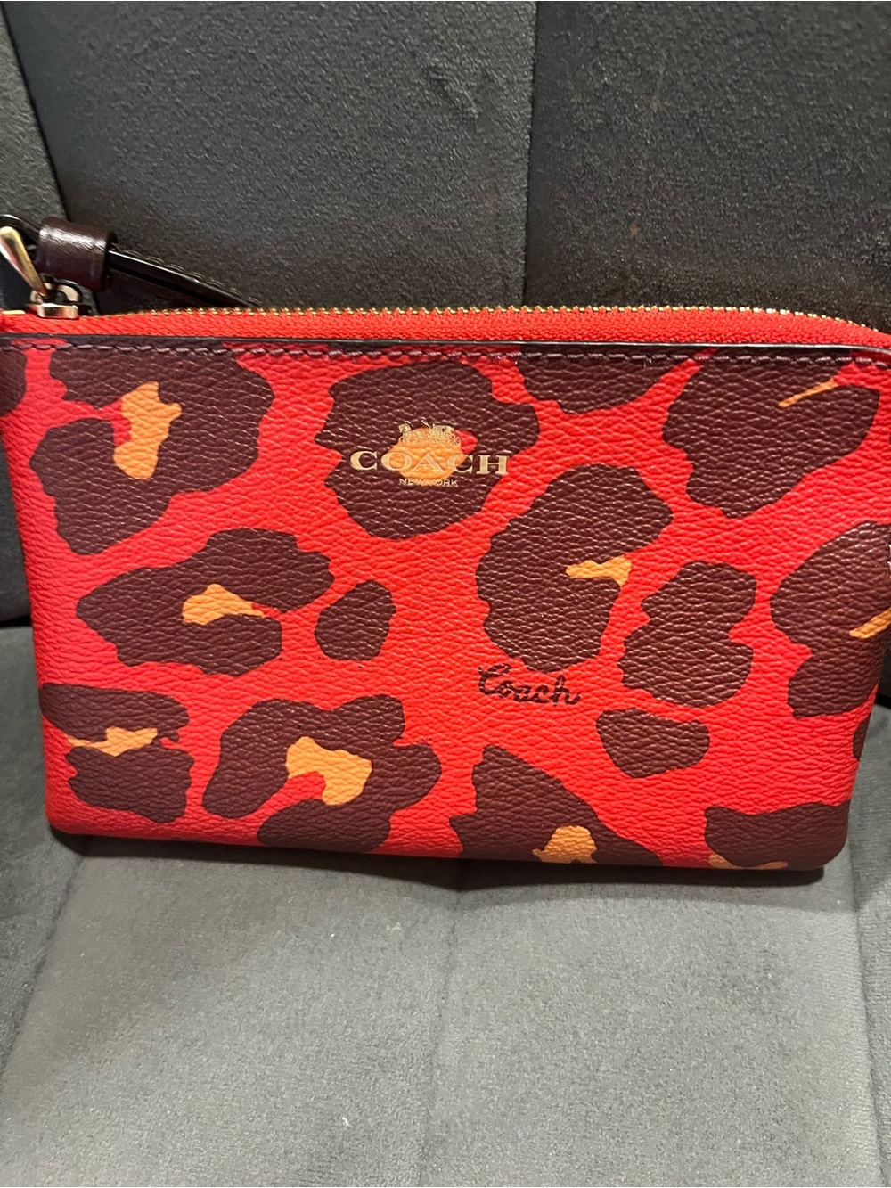 Coach Red Leopard Print Wristlet with Brown and Tan Accents
